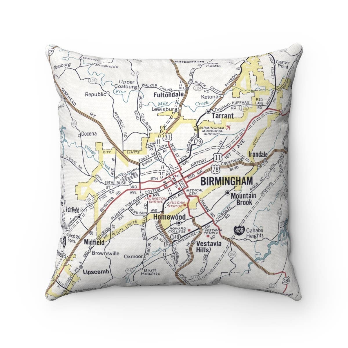 Birmingham Alabama vintage map throw pillow