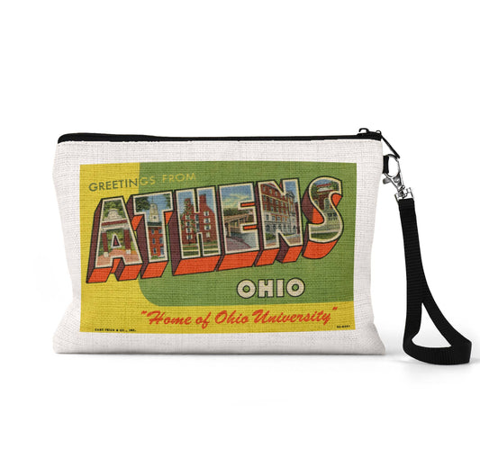 Athens Ohio University vintage postcard wristlet travel pouch