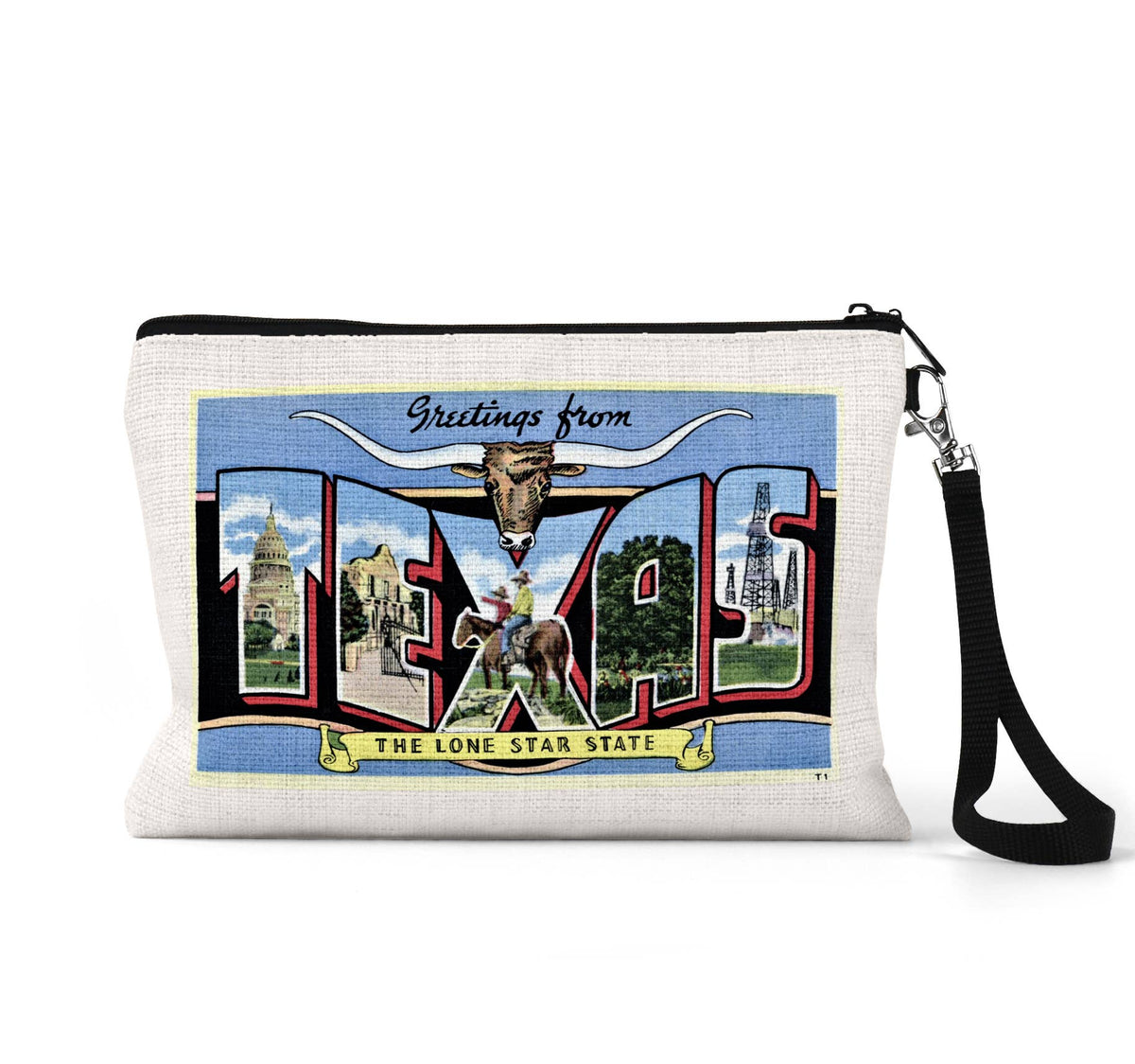 Texas vintage postcard wristlet travel pouch