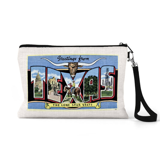 Texas vintage postcard wristlet travel pouch