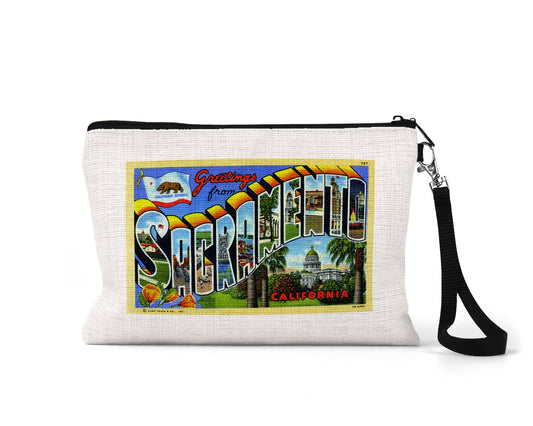 Sacramento California vintage postcard wristlet travel pouch