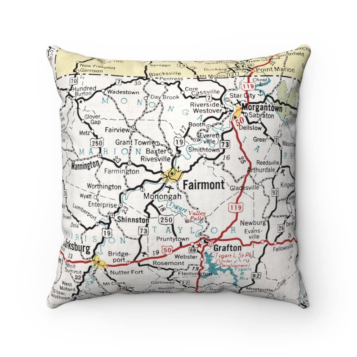 Fairmont West Virginia vintage map throw pillow
