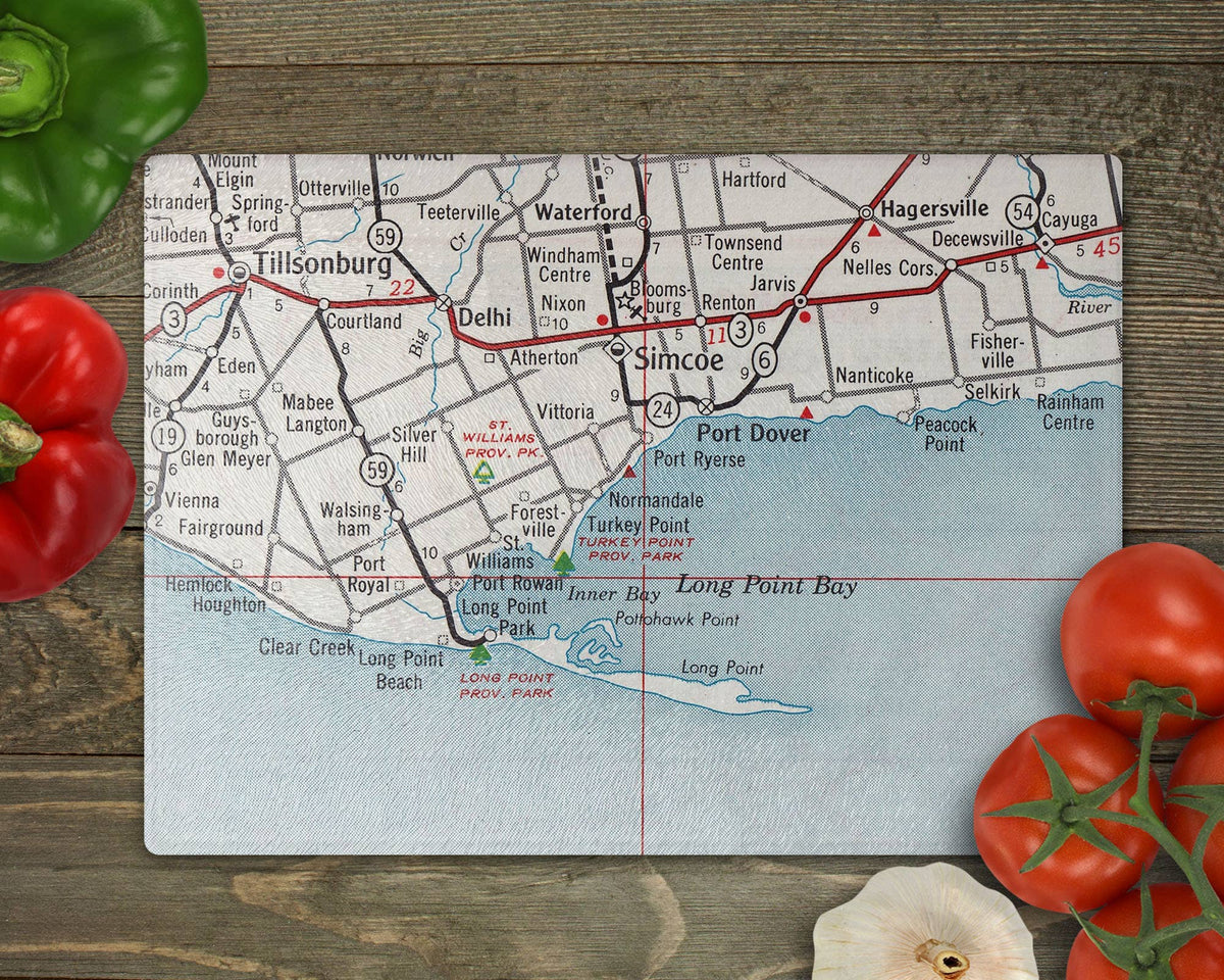 Long Point Ontario vintage map glass cutting board