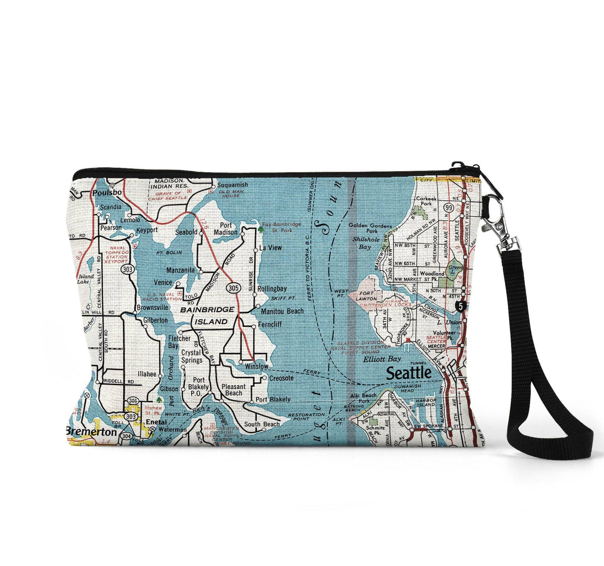 Bainbridge Island Seattle Washington map wristlet travel pouch