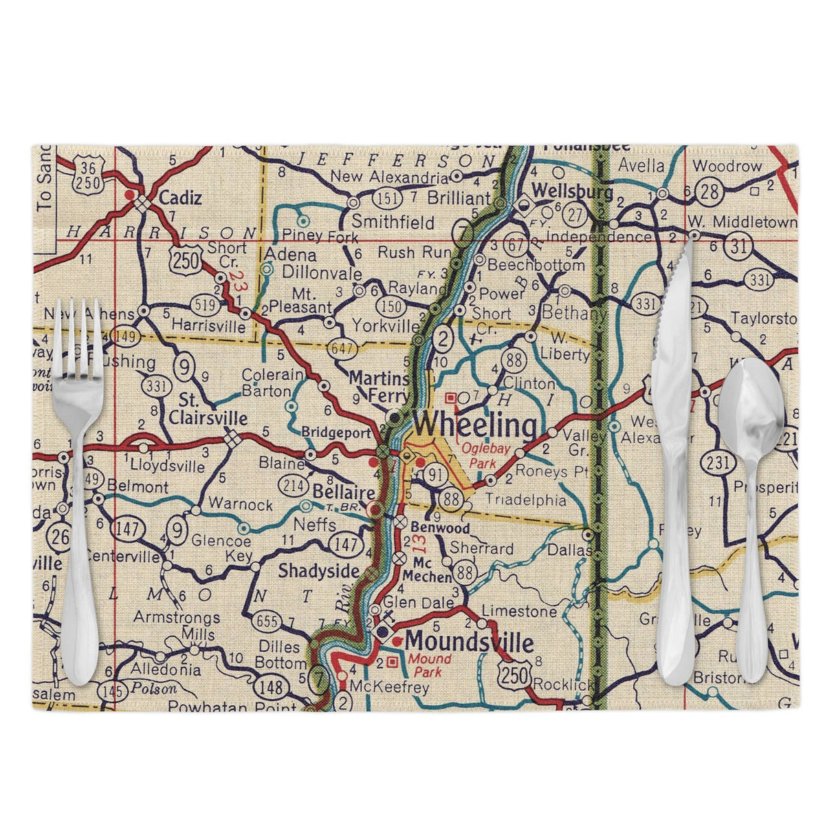 Wheeling West Virginia vintage map placemats set of 4