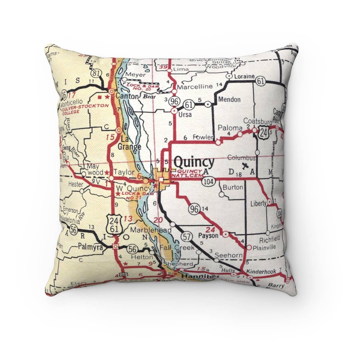 Quincy Illinois vintage map throw pillow