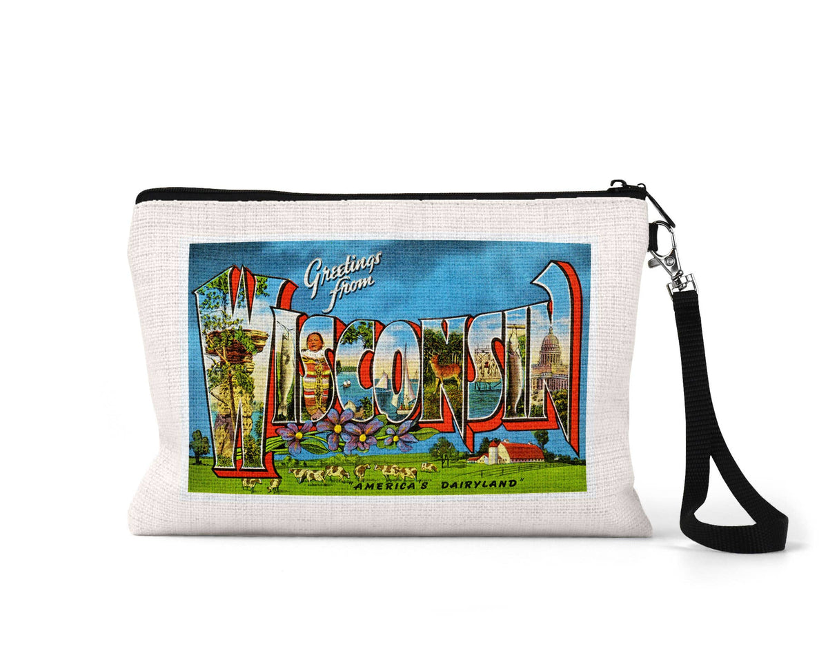 Wisconsin vintage postcard wristlet travel pouch