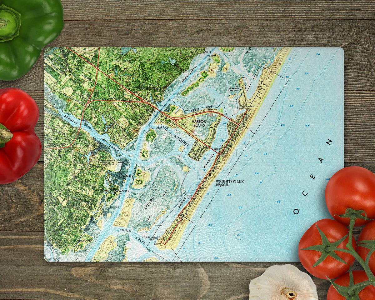 Wrightsville Beach North Carolina vintage map glass cutting board