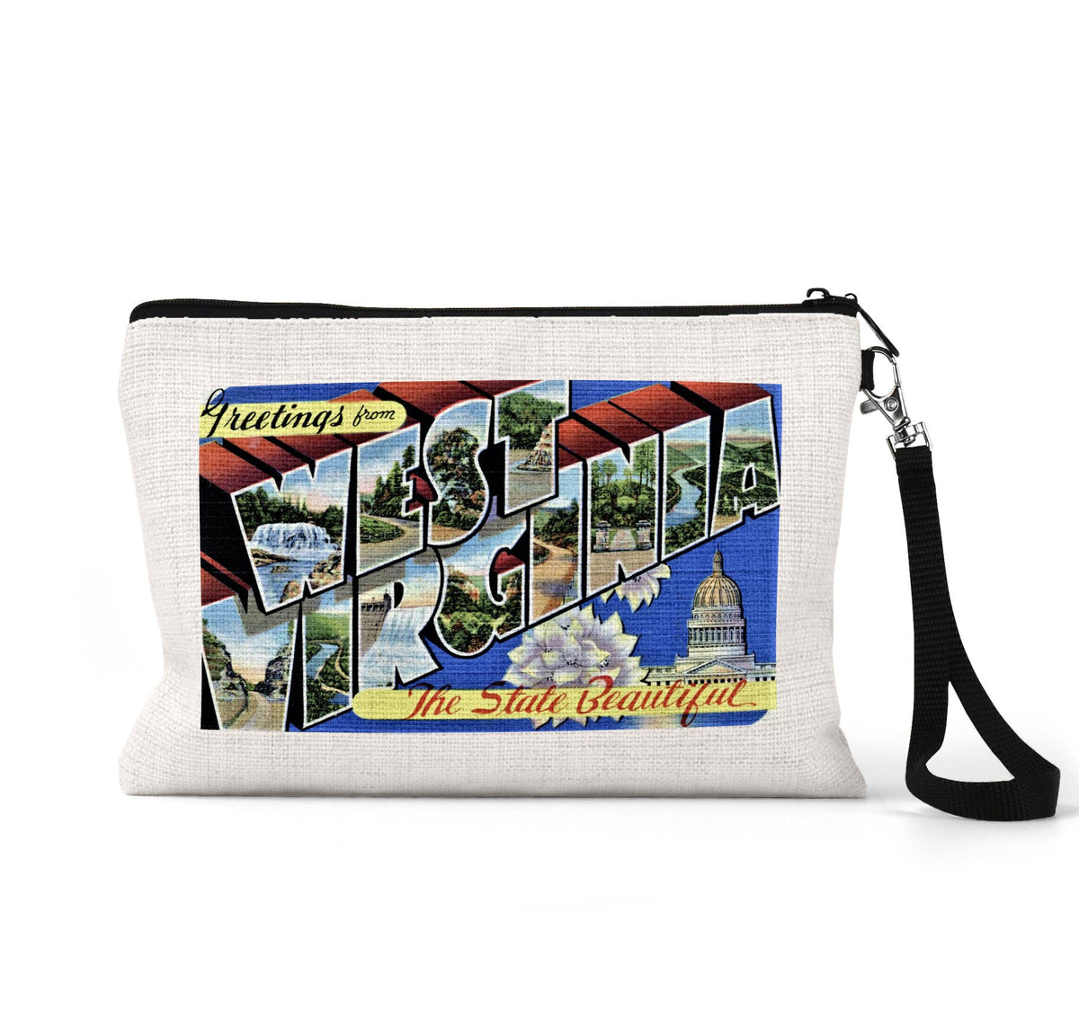 West Virginia vintage postcard wristlet travel pouch