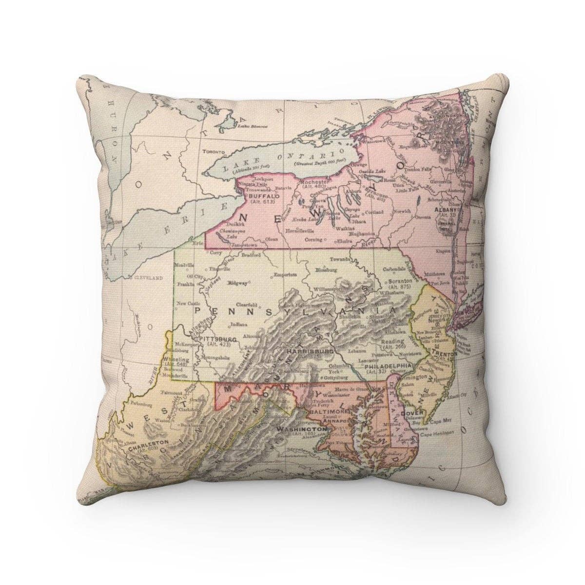 Mid-Atlantic States vintage map throw pillow