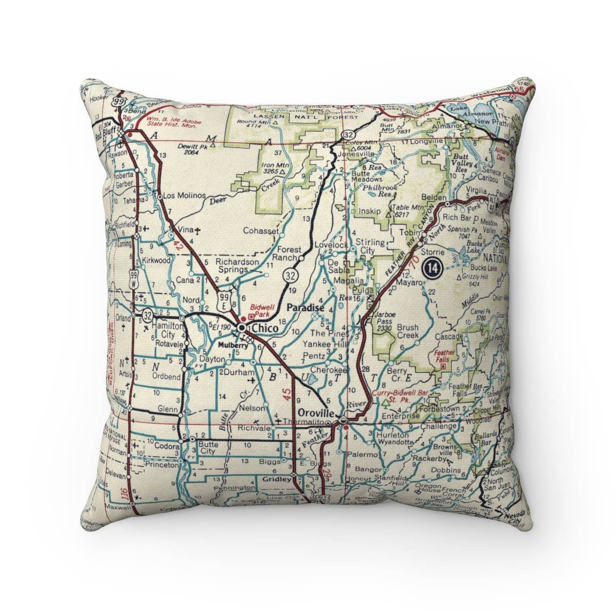 Paradise California vintage map throw pillow