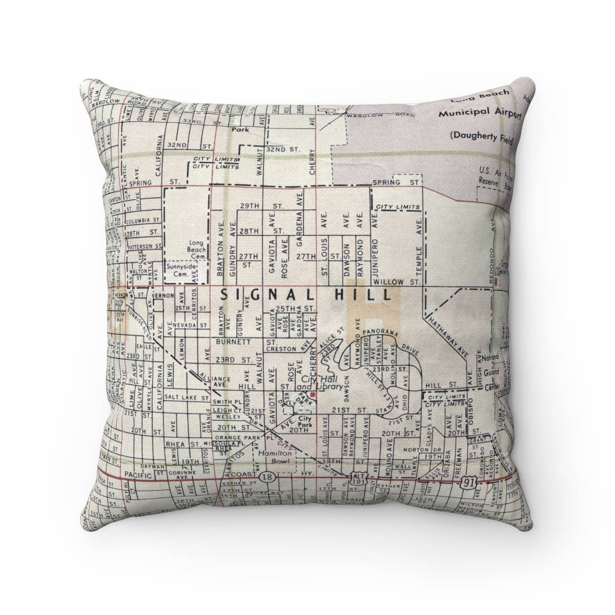 Signal Hill Long Beach California vintage map throw pillow