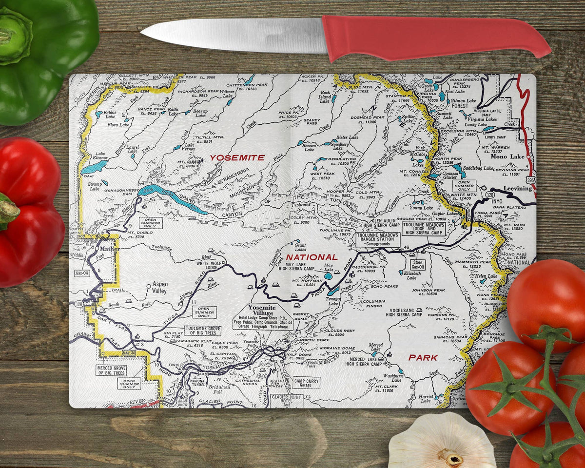 Yosemite National Park vintage map glass cutting board