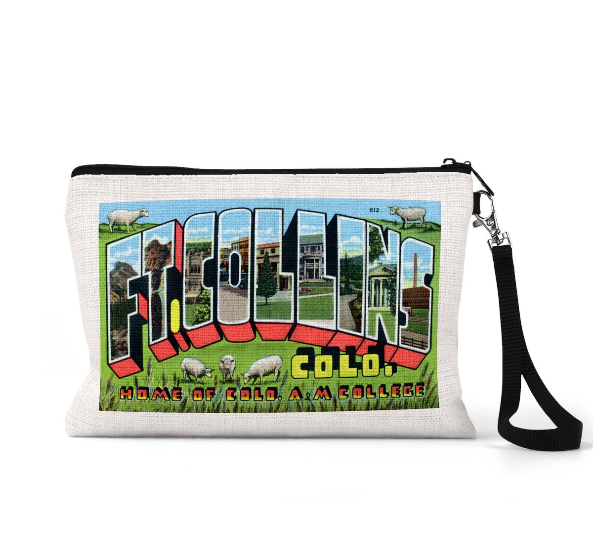 Fort Collins Colorado vintage postcard wristlet travel pouch