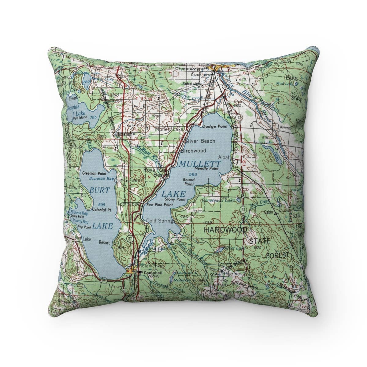 Mullett Lake Michigan vintage map throw pillow