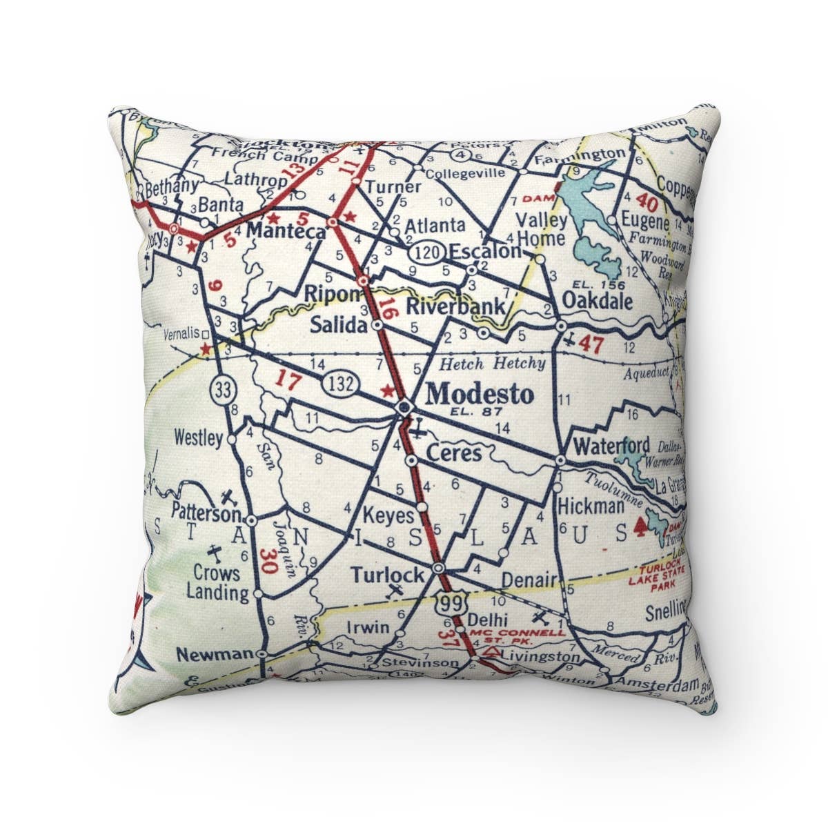 Modesto California vintage map throw pillow