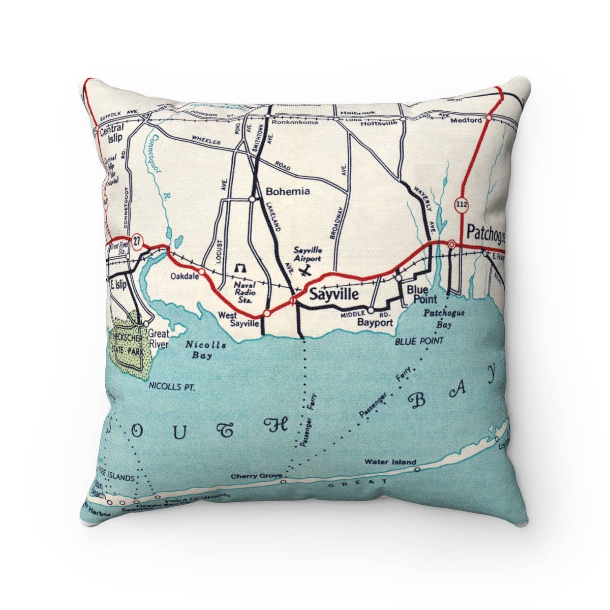 Sayville New York vintage map throw pillow
