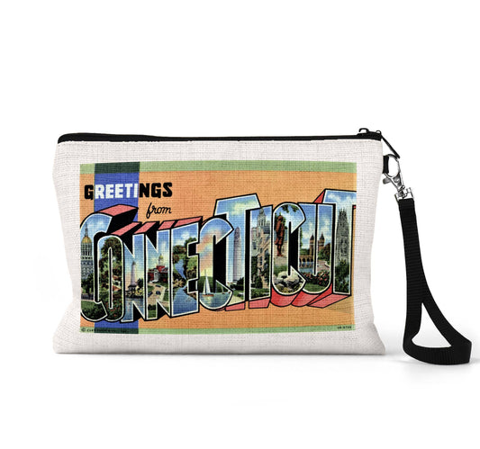 Connecticut vintage postcard wristlet travel pouch
