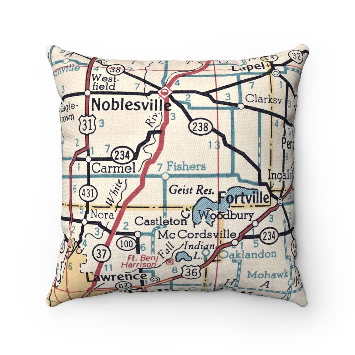 Fishers Indiana vintage map throw pillow