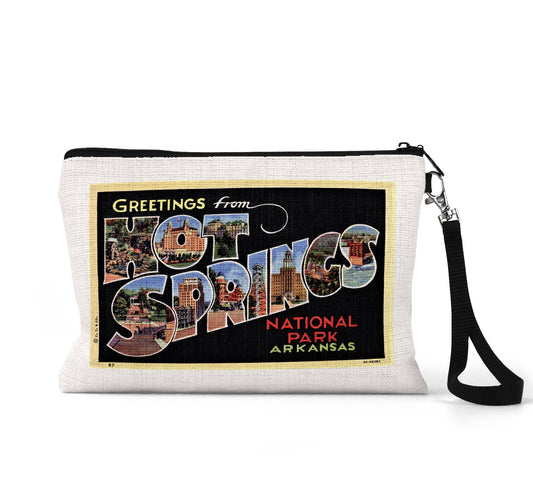 Hot Springs Arkansas vintage postcard wristlet travel pouch