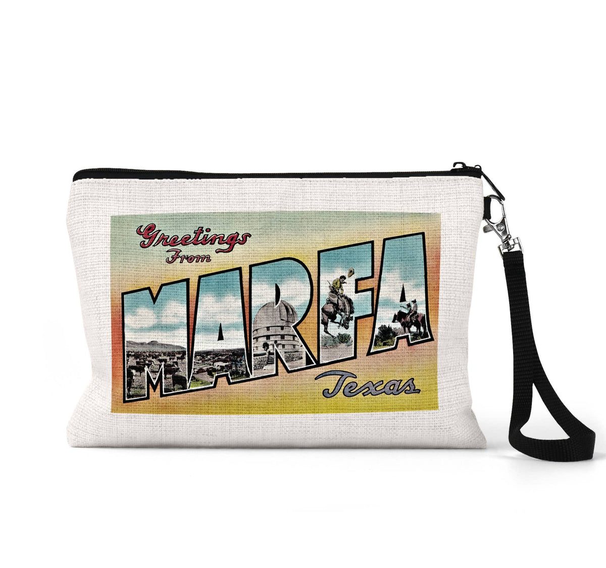 Marfa Texas vintage postcard wristlet travel pouch