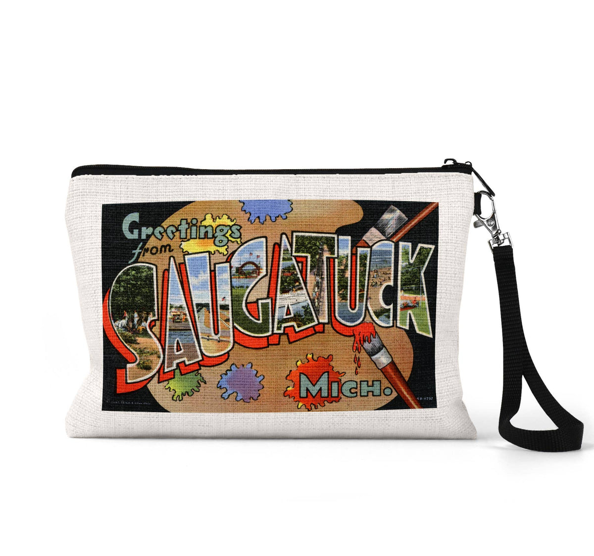Saugatuck Michigan vintage postcard wristlet travel pouch