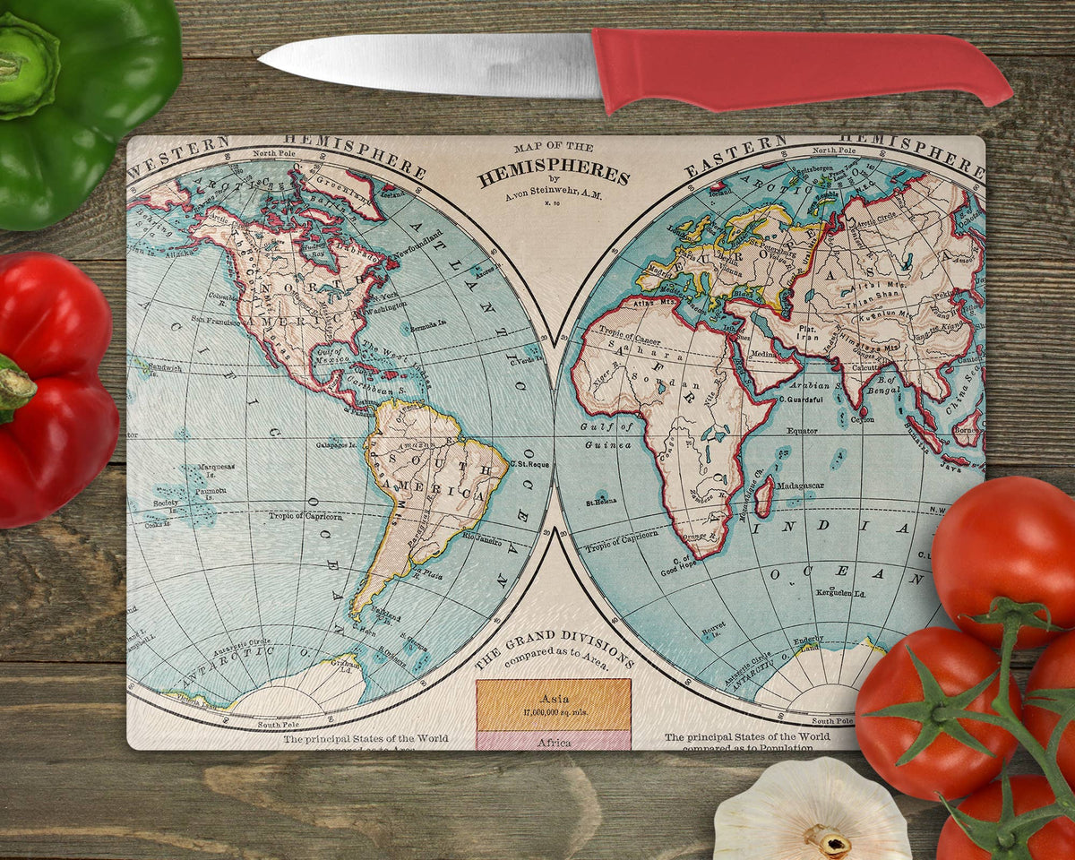World Hemispheres vintage map glass cutting board