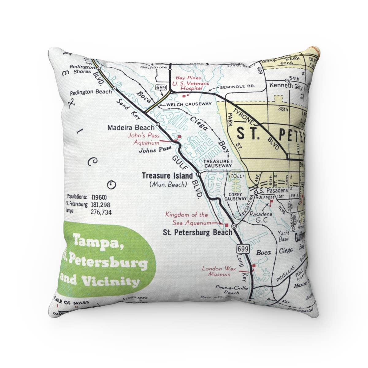 Treasure Island Florida vintage map throw pillow