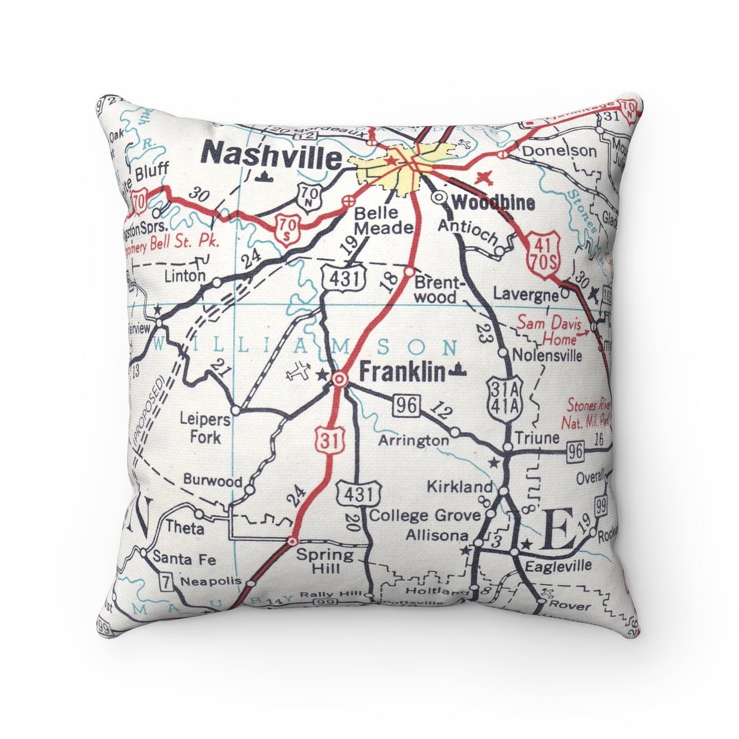 Franklin Tennessee vintage map pillow