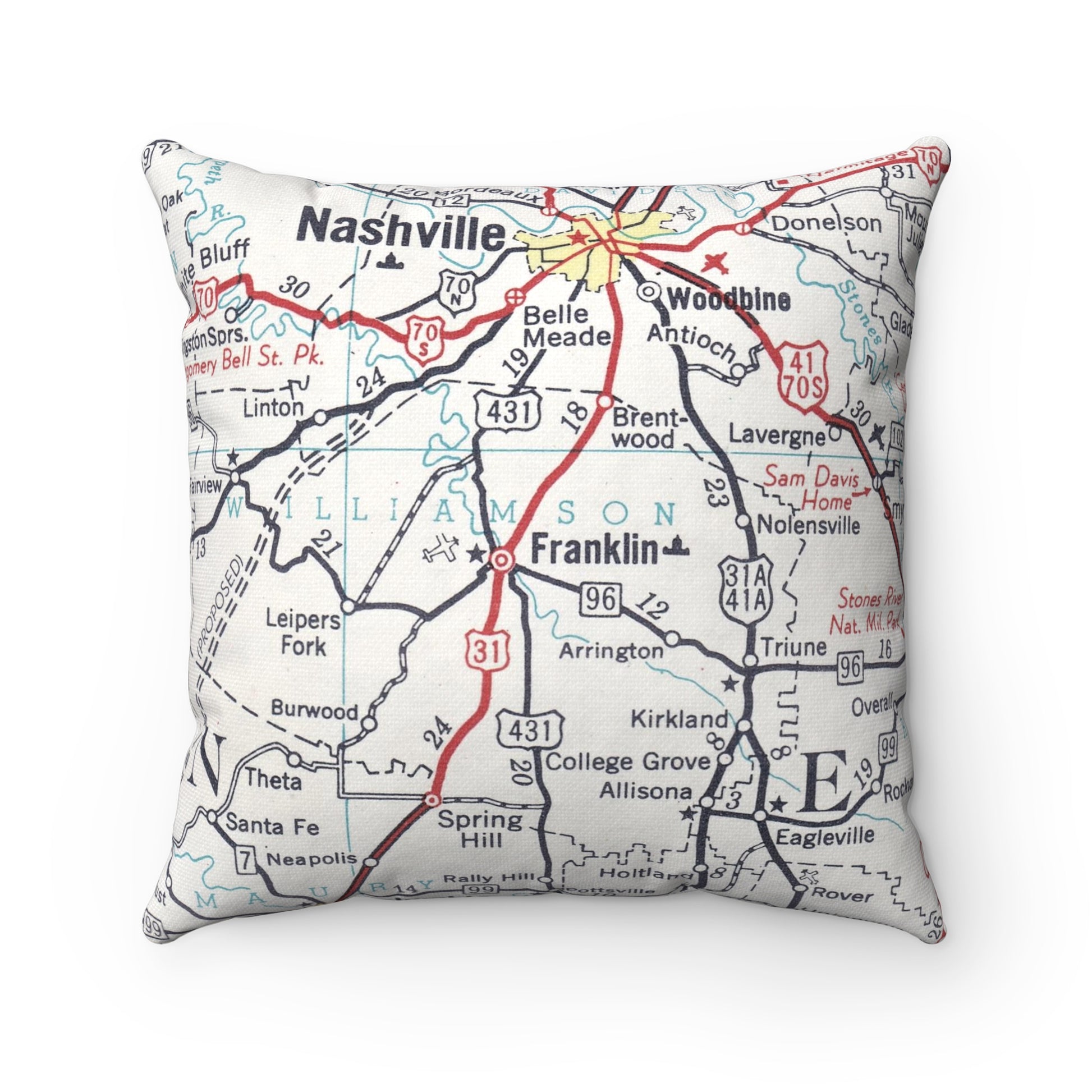 Franklin Tennessee vintage map pillow