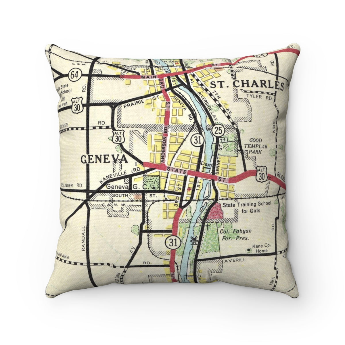 Geneva Illinois vintage map pillow