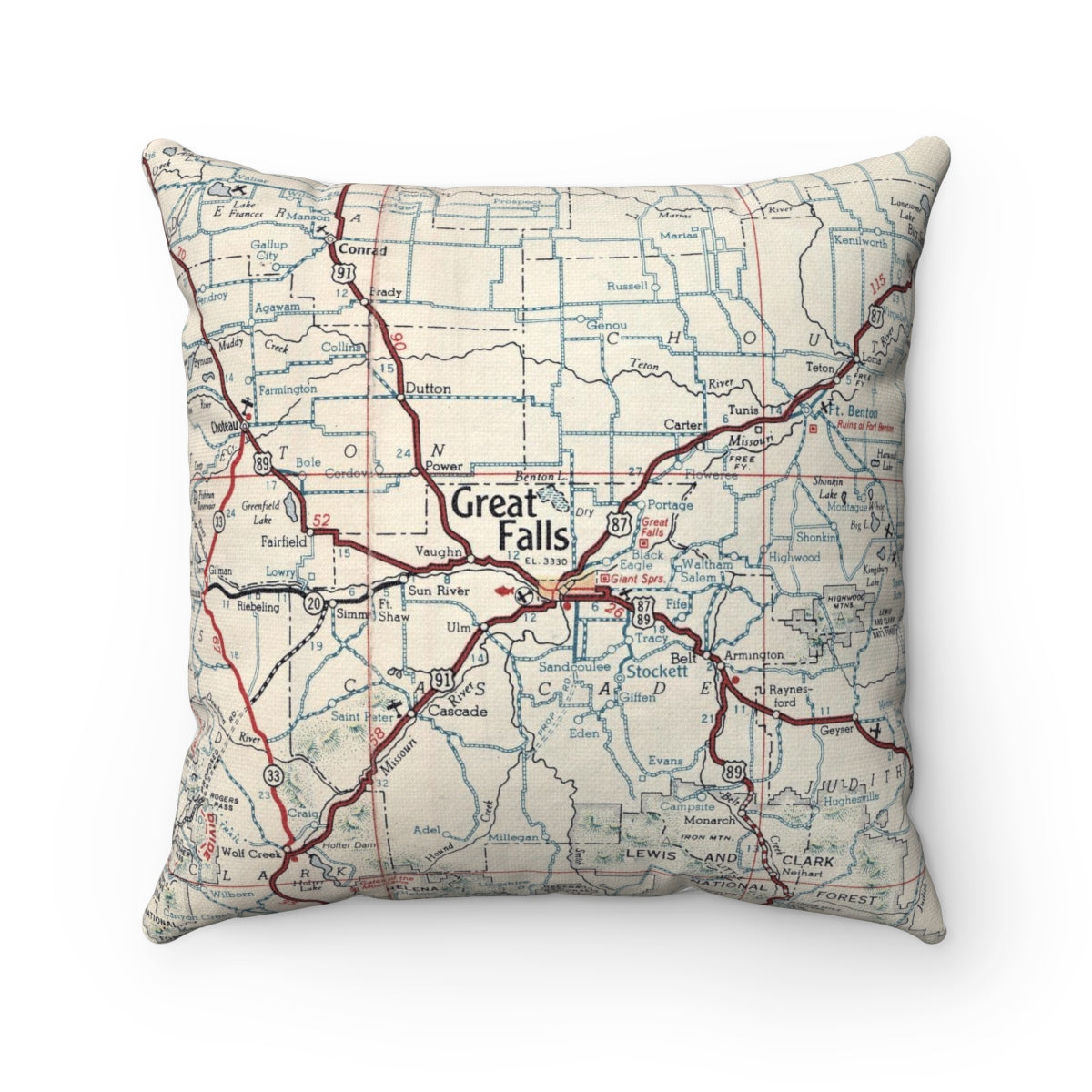 Great Falls Montana vintage map pillow