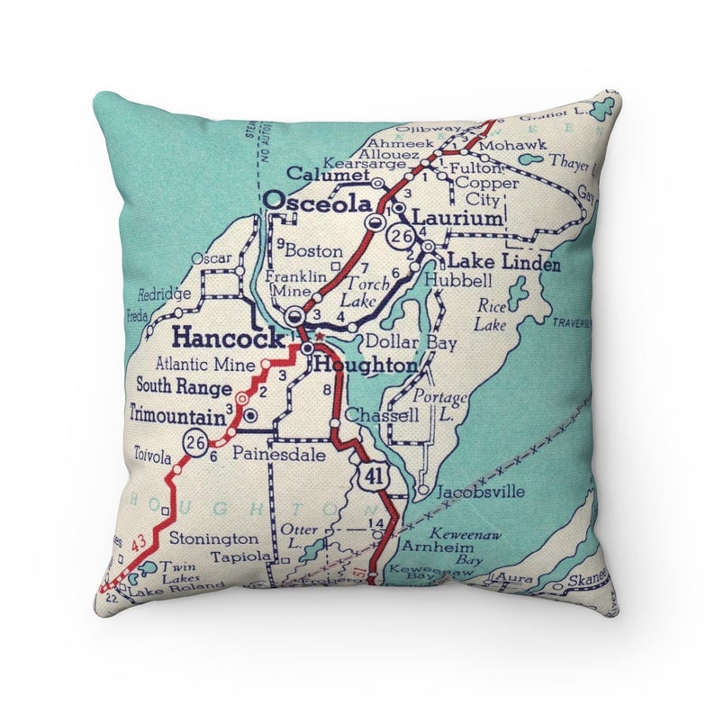 Houghton Michigan vintage map pillow