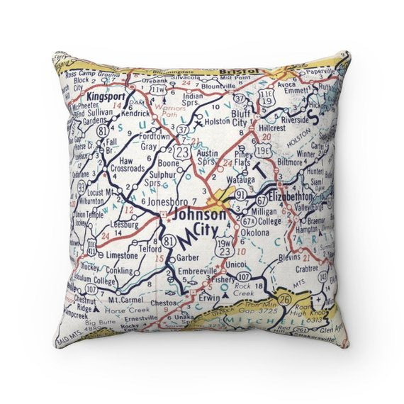 Johnson City Tennessee vintage map pillow