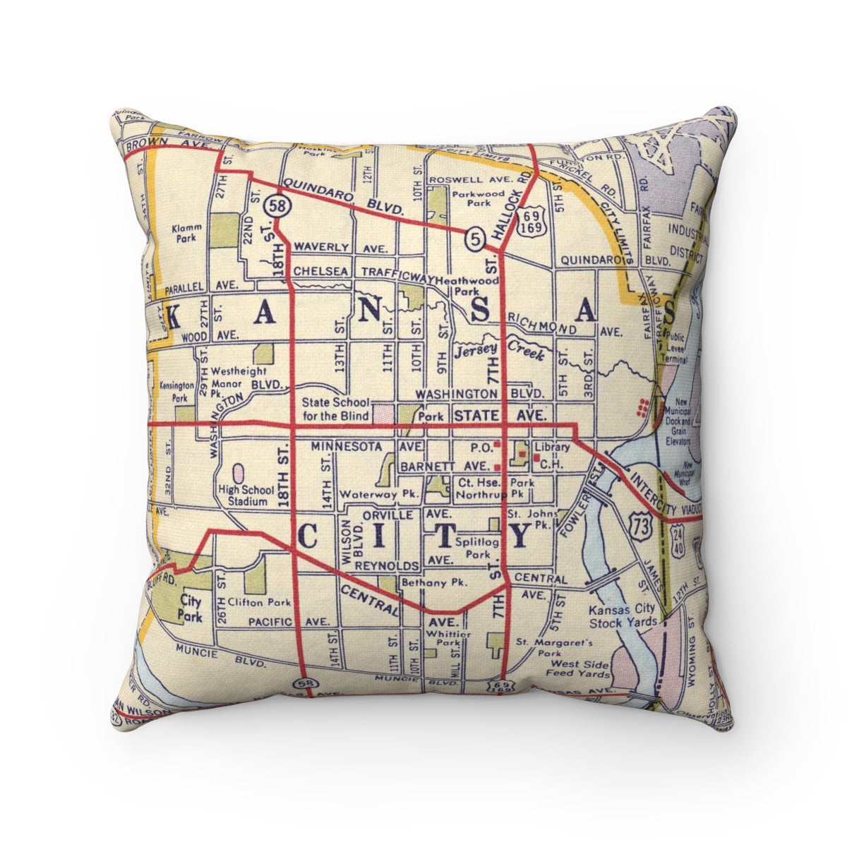 Kansas City Kansas vintage map pillow