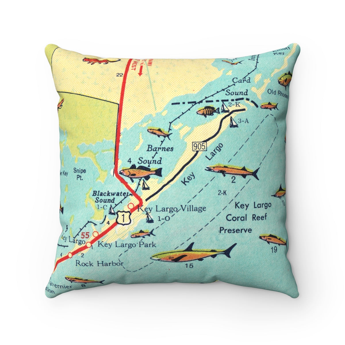 Key Largo Florida vintage map pillow