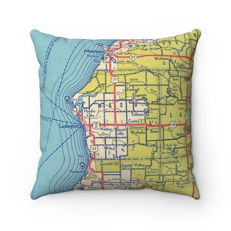 Ludington Michigan vintage map pillow
