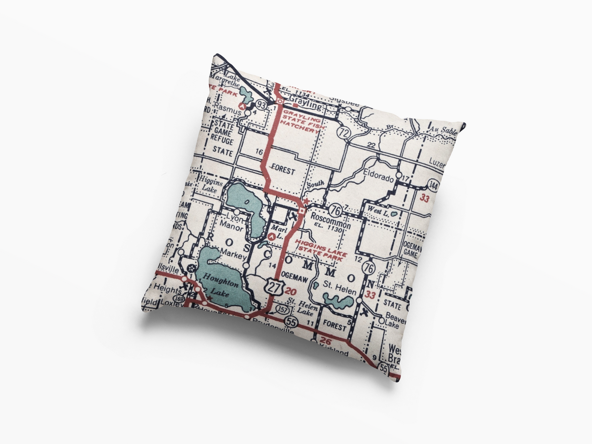 Roscommon Michigan vintage map throw pillow