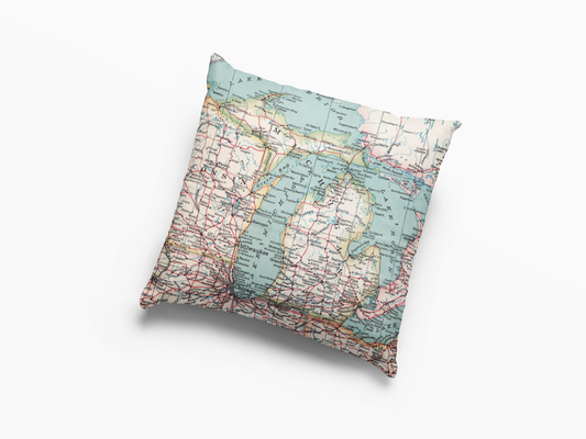 Michigan Map Pillow | Vintage Michigan Map Throw Pillow