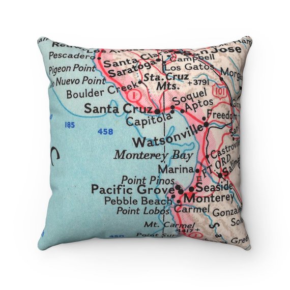 Monterey Bay California vintage map pillow