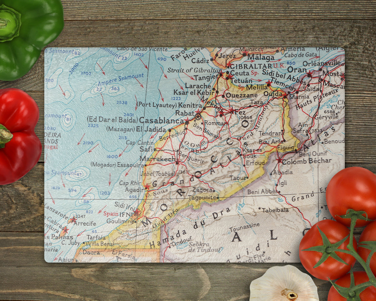 Morocco vintage map glass cutting board