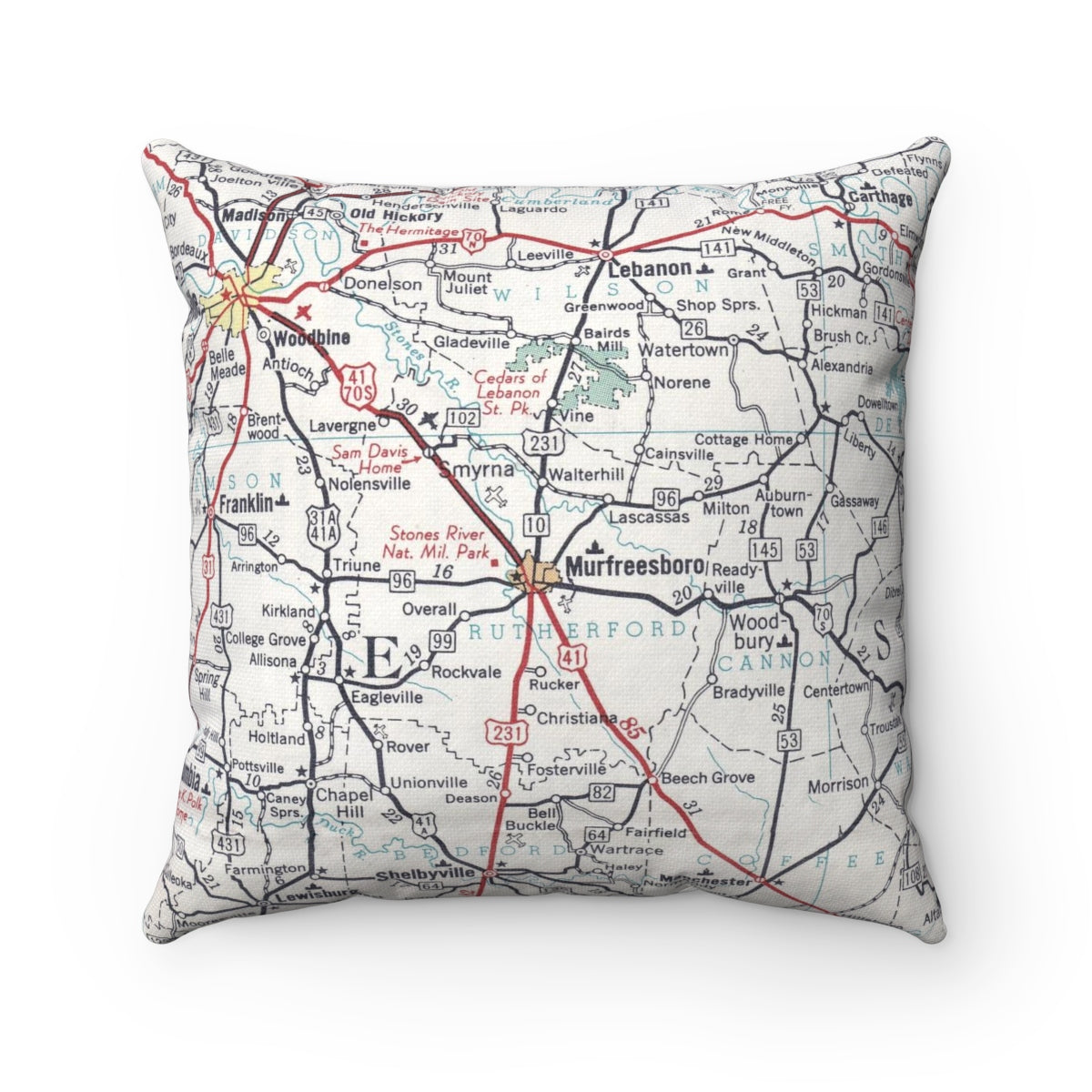 Murfreesboro Tennessee vintage map pillow