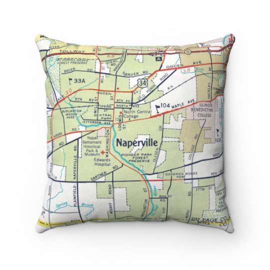Naperville Illinois vintage map pillow