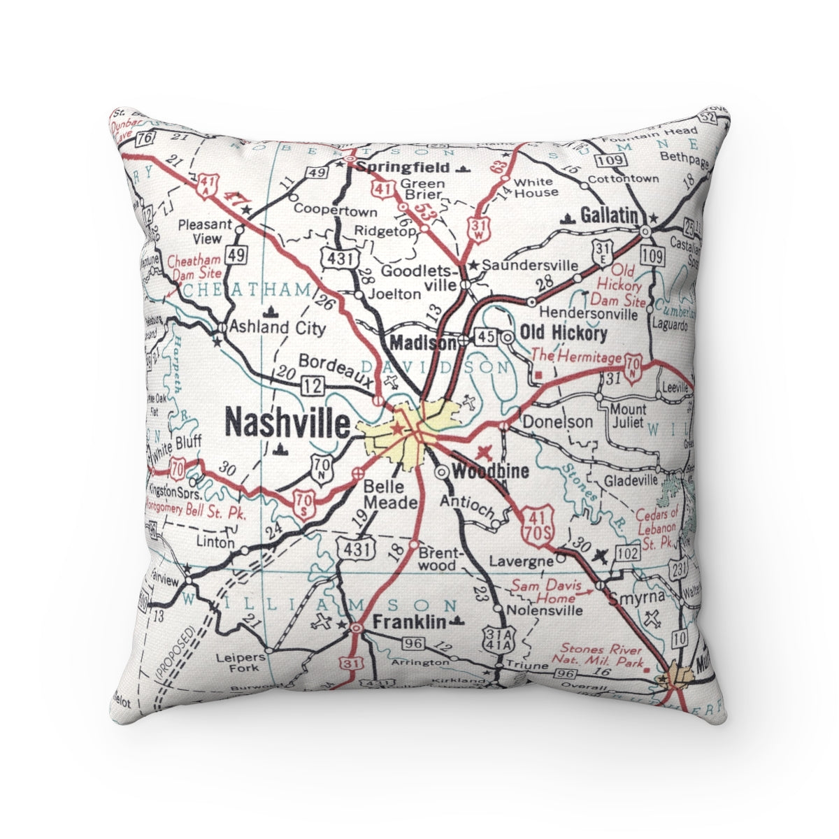 Nashville Tennessee vintage map pillow