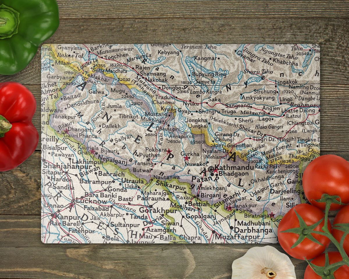 Nepal vintage map glass cutting board