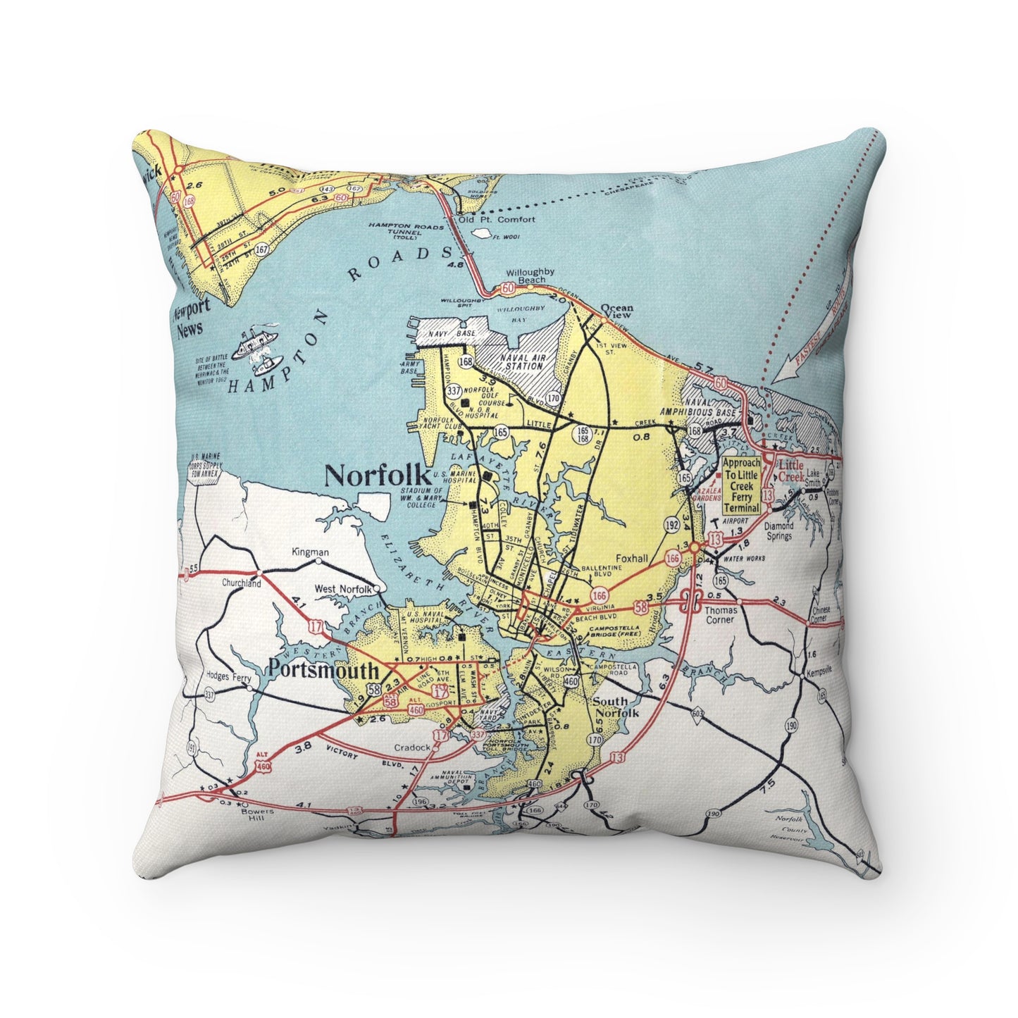 Norfolk Virginia vintage map pillow