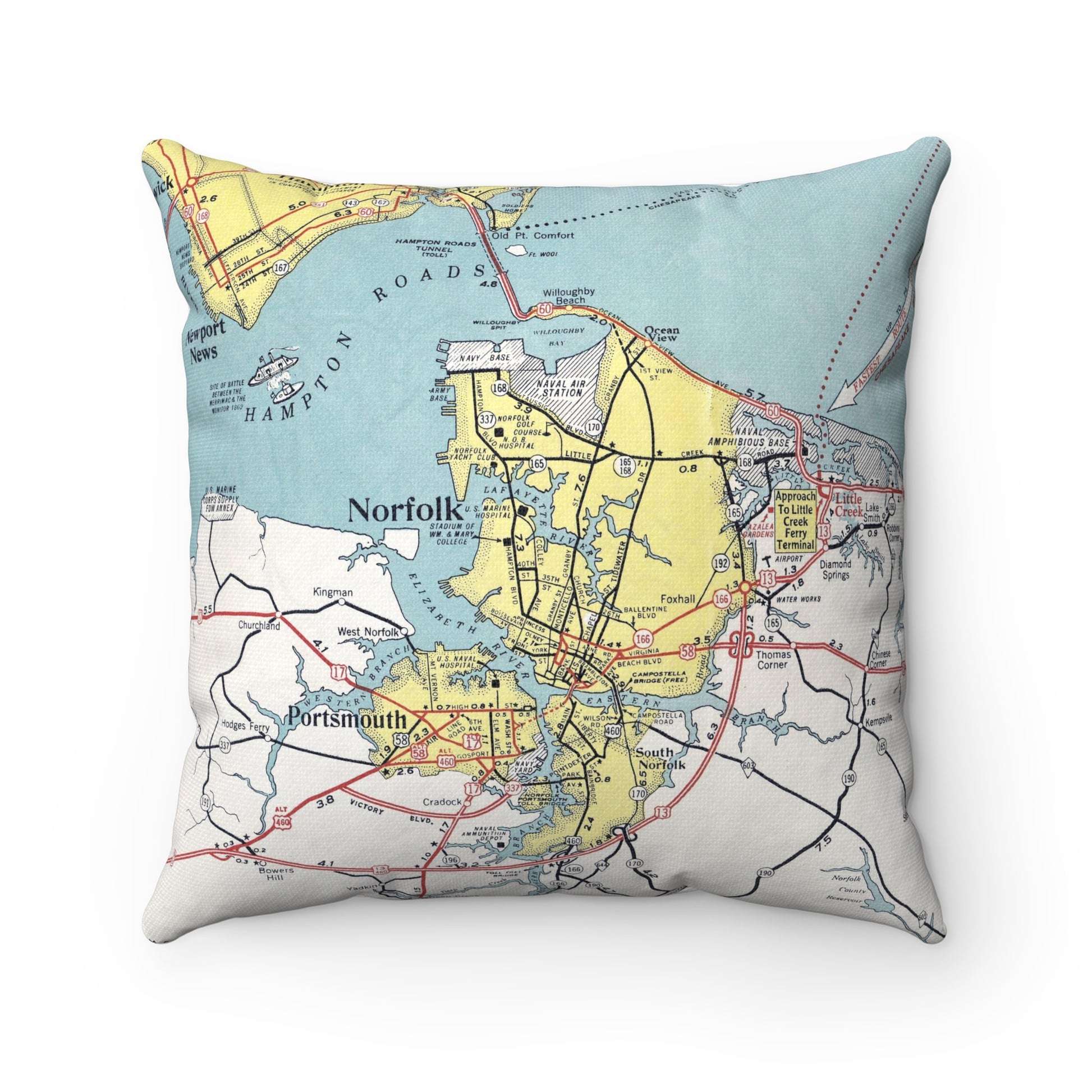 Norfolk Virginia vintage map pillow