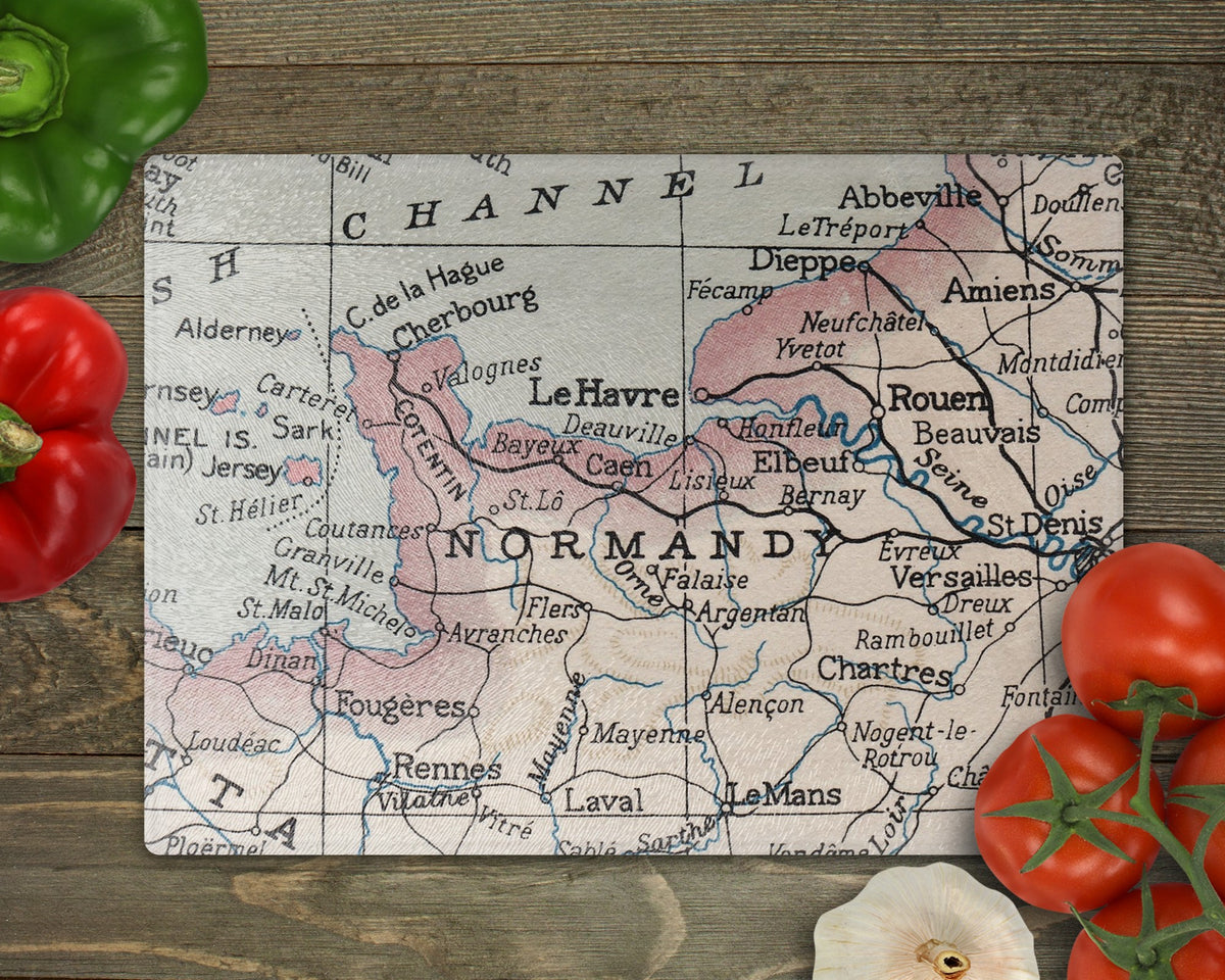 Normandy France vintage map glass cutting board