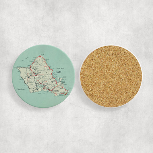 Oahu Hawaii Map Coasters | Set of 4 Vintage Oahu Hawaii Drink Coasters | Travel-Inspired Home Decor