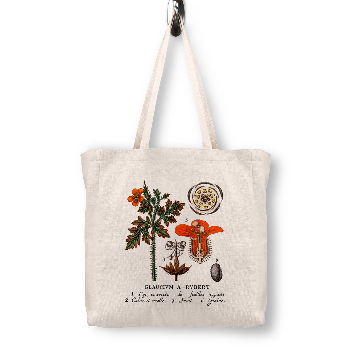 A natural canvas tote bag with a vintage botanical illustration of a glaucium plant on the front, featuring orange-red flowers, green leaves, and black text, shown hanging against a plain white background.